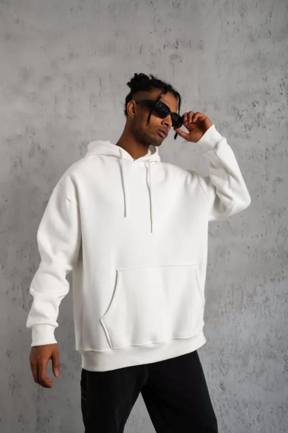 Pileli Store Erkek Düz Kapüşonlu Sweat - Beyaz