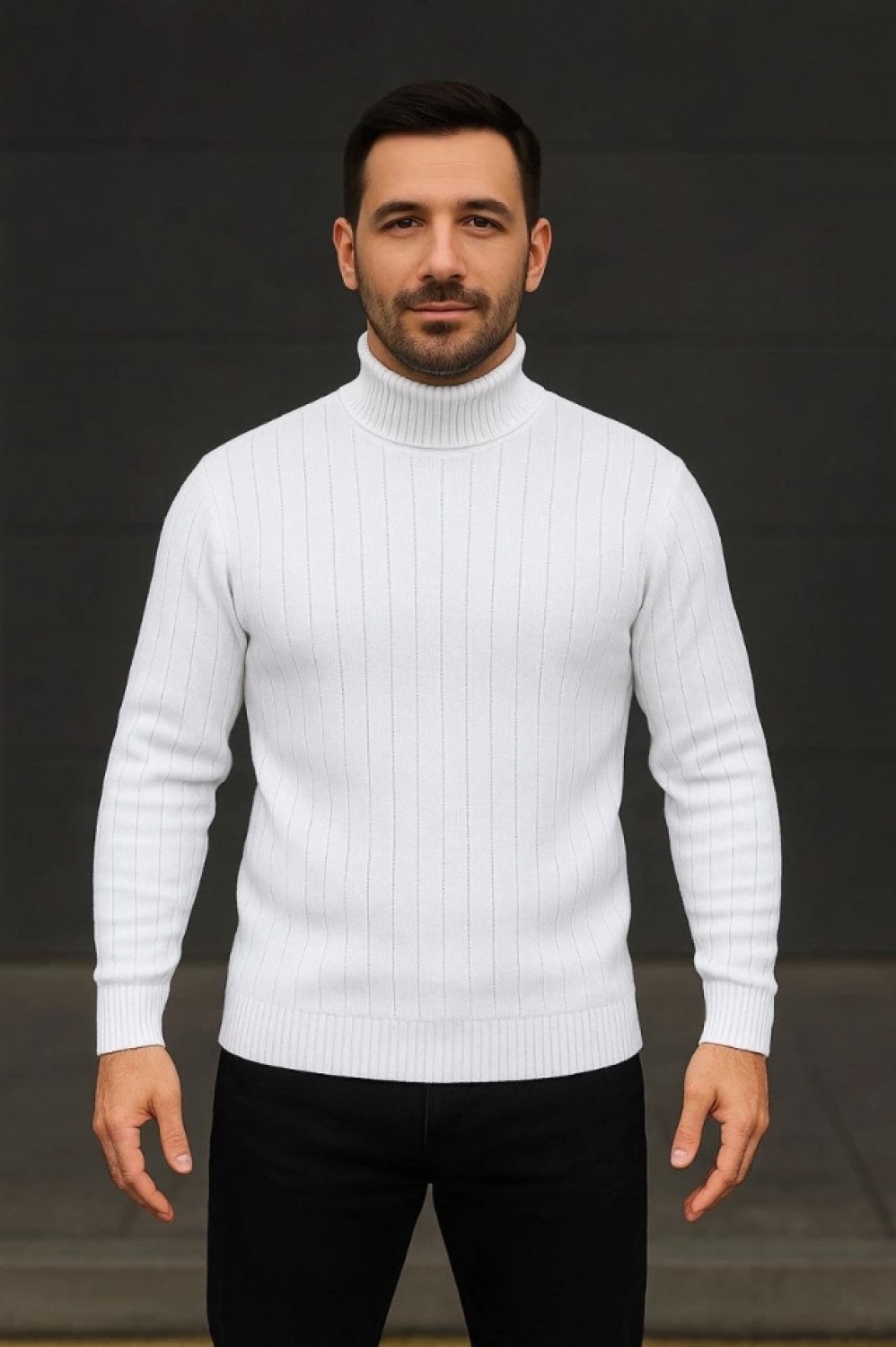 Pileli Store Erkek Balıkcı Yaka Bağazlı Triko Kazak Pamuklu Kalın Fitilli Dokuma, Regular Fit Uzun Kollu Kışlık Model - Beyaz görsel 3