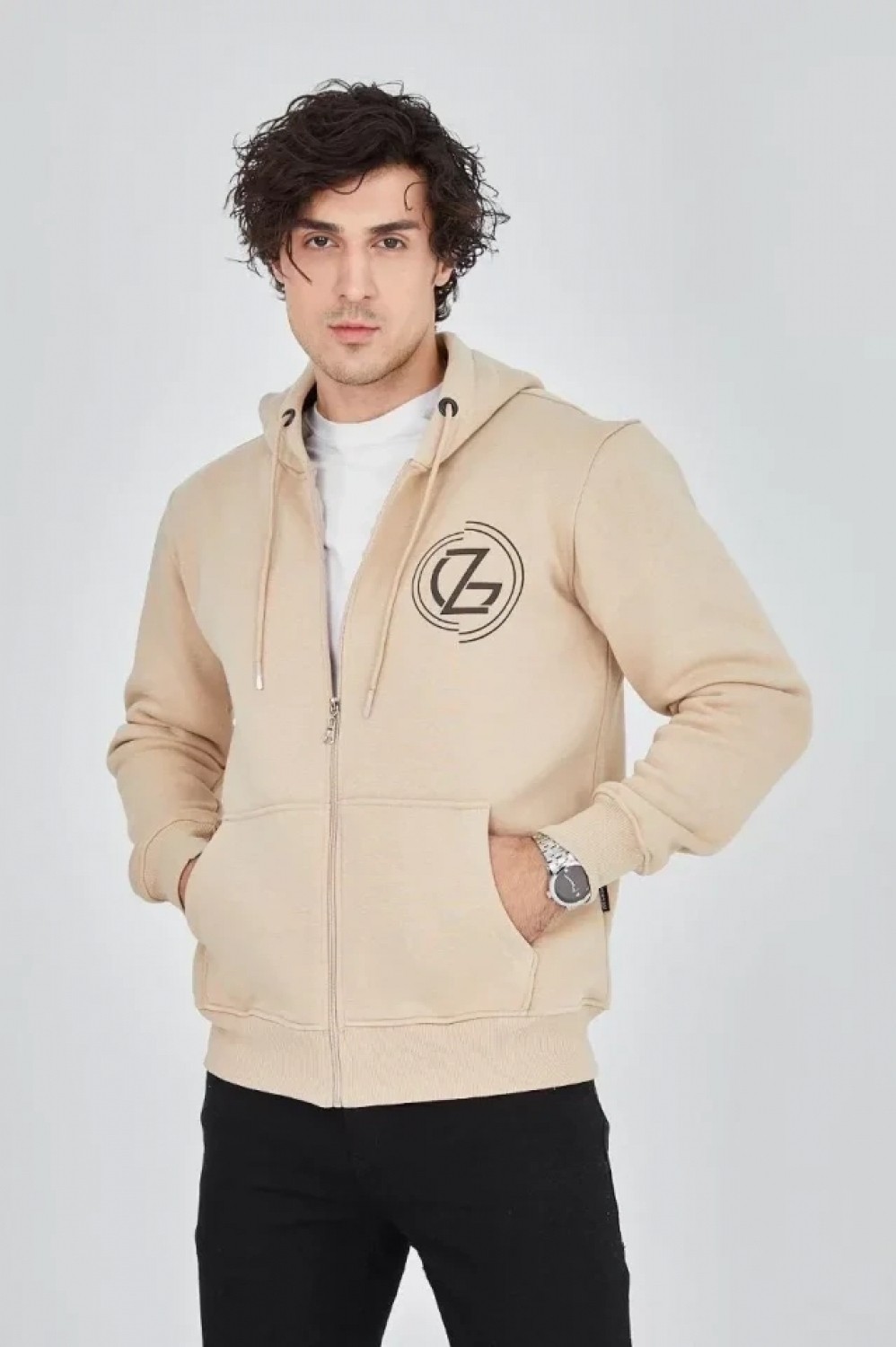 Pileli Store Erkek Kapüşonlu Baskılı Fermuarlı Hırka - Bej görsel 4