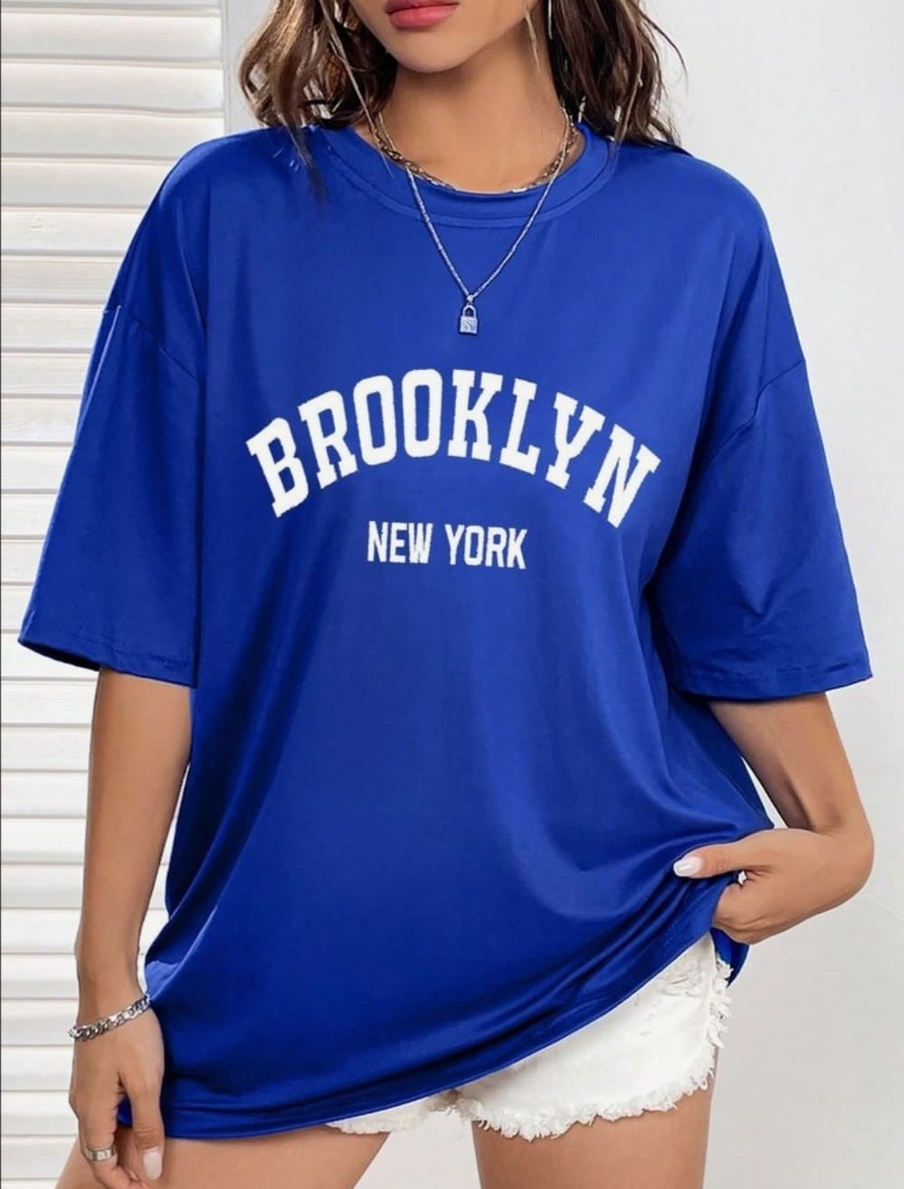 Punix Büyük Beden Kadın Saks Mavi Brooklyn Baskılı Yazlık Tarz Rahat Kalıp T-Shırt