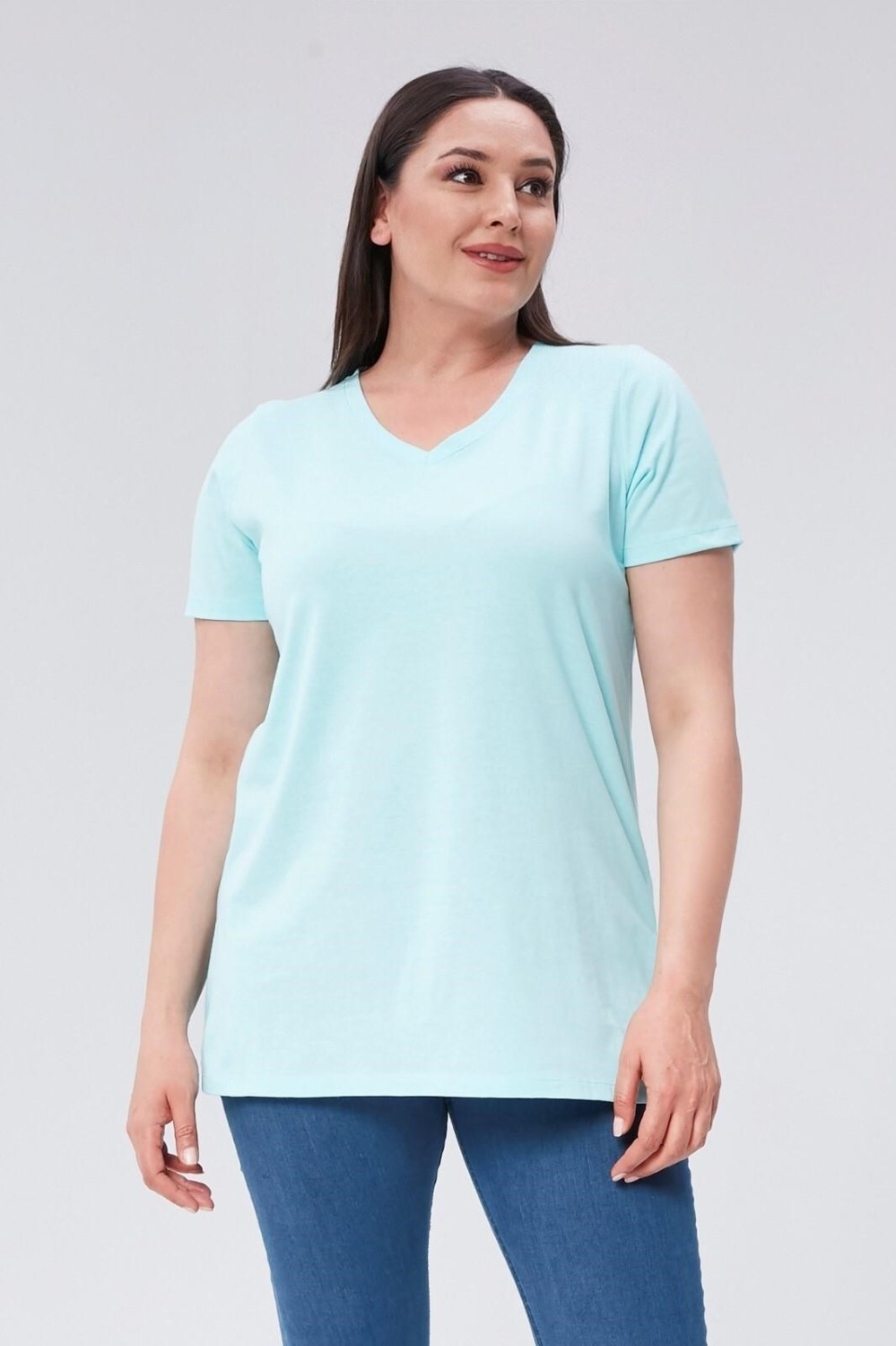 Sea Moda Büyük Beden V Yaka Yırtmaçlı Pamuk Basic Tshirt-Bordo
