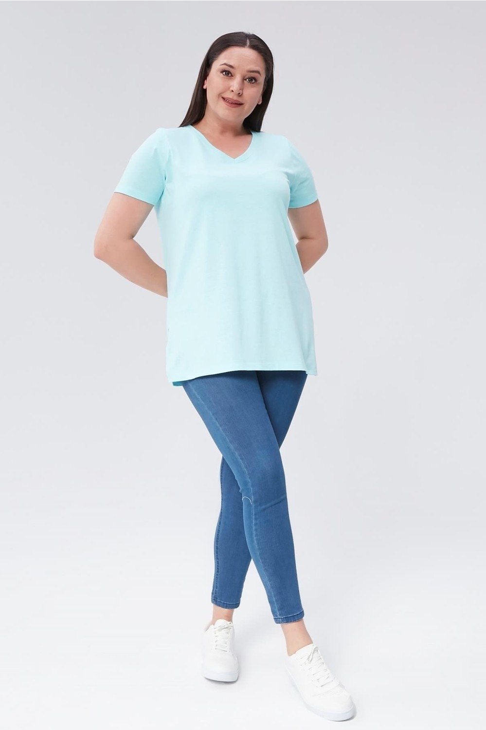 Sea Moda Büyük Beden V Yaka Yırtmaçlı Pamuk Basic Tshirt-Bordo görsel 3
