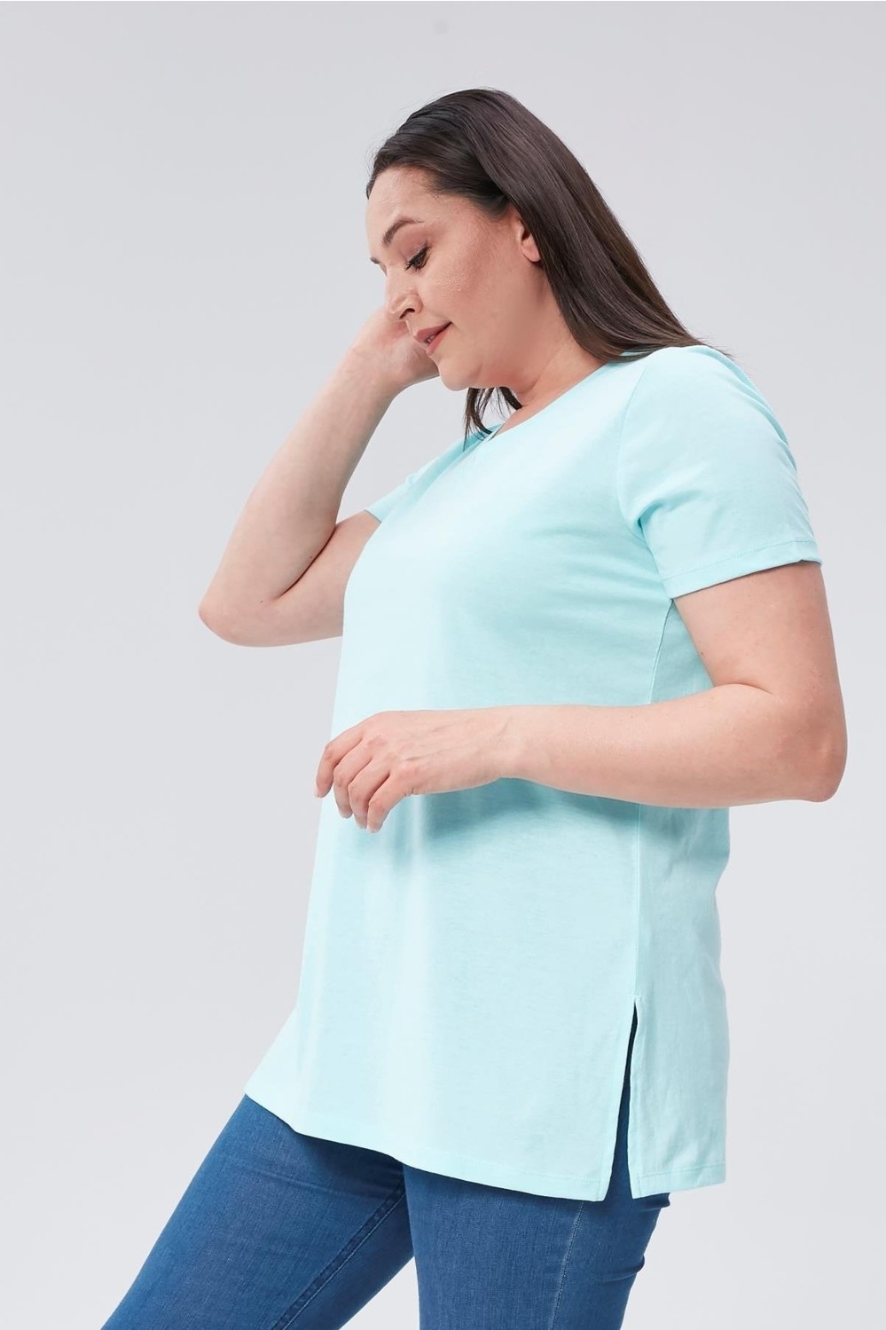 Sea Moda Büyük Beden V Yaka Yırtmaçlı Pamuk Basic Tshirt-Bordo görsel 5