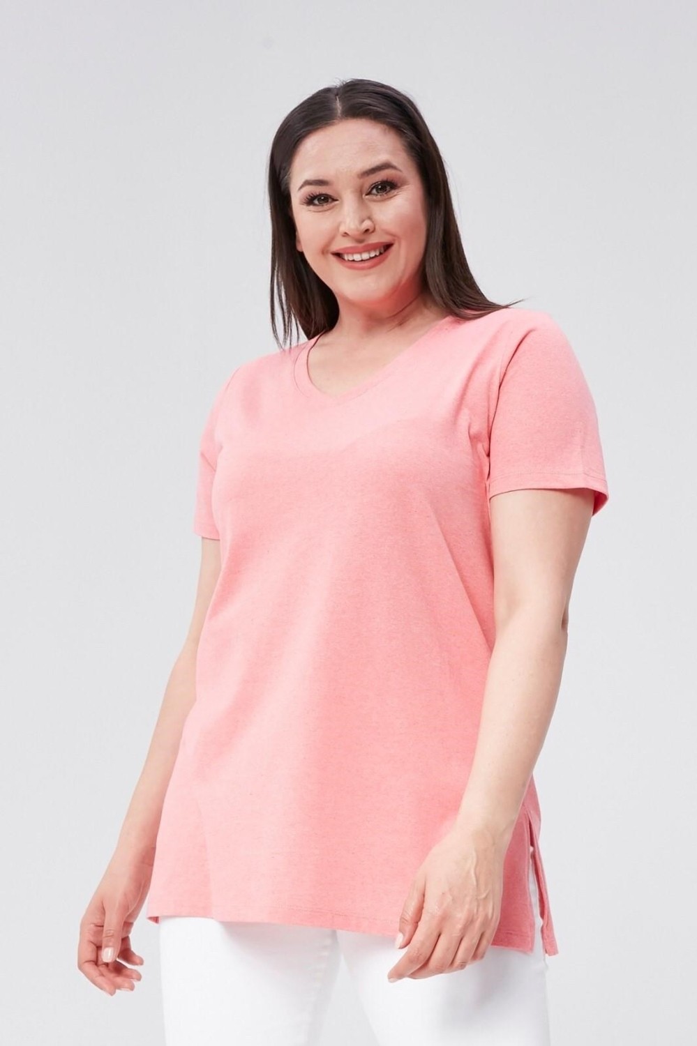 Sea Moda Büyük Beden V Yaka Yırtmaçlı Pamuk Basic Tshirt-Bordo