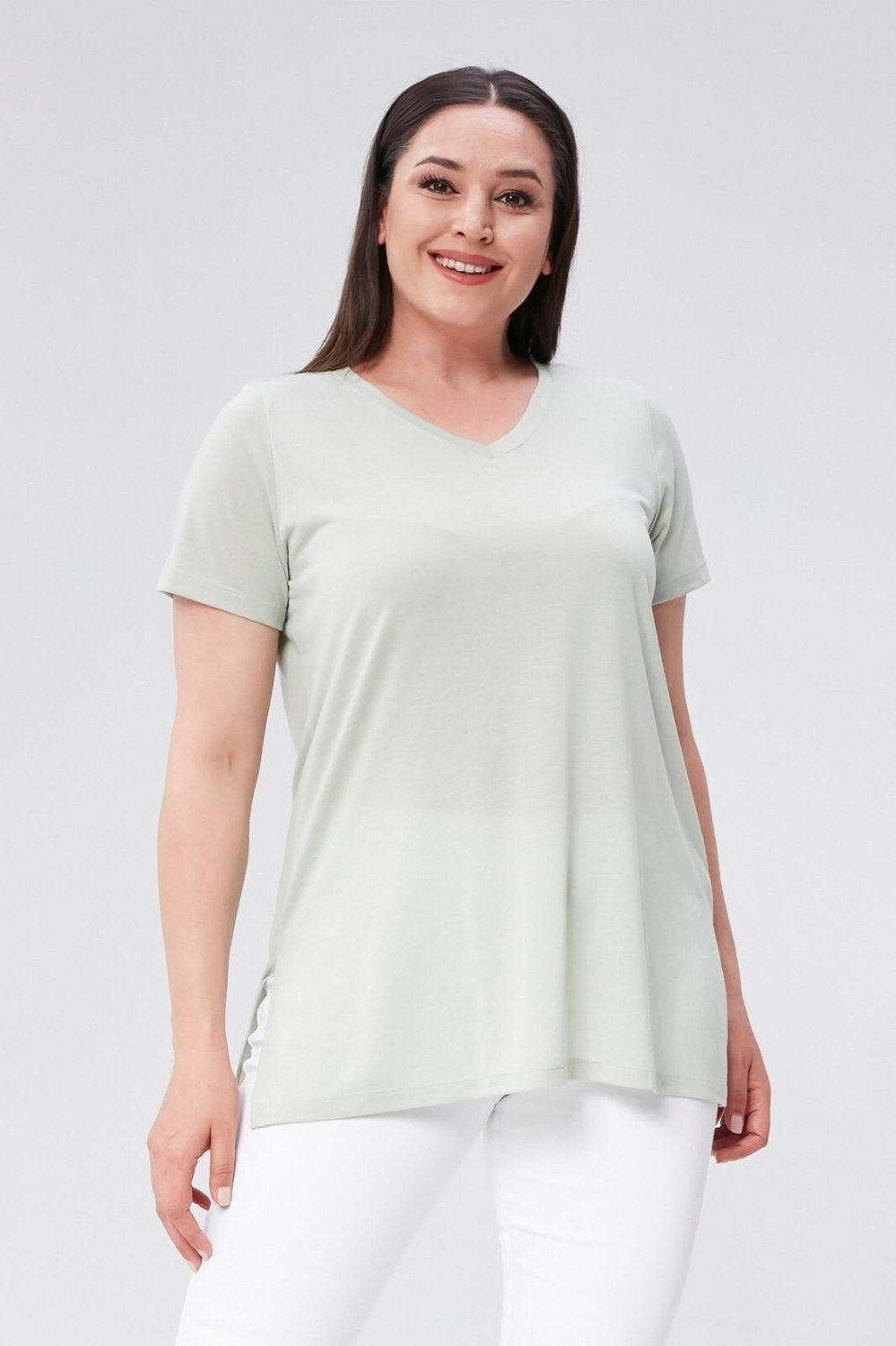 Sea Moda Büyük Beden V Yaka Yırtmaçlı Pamuk Basic Tshirt-Bordo