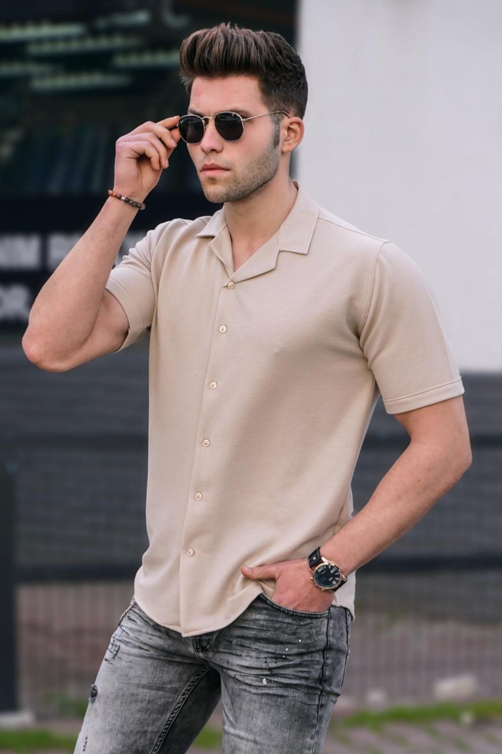 Madmext Bej Erkek Gömlek Slim Fit Günlük Stil %65 Pamuk %35 Polyester 5500