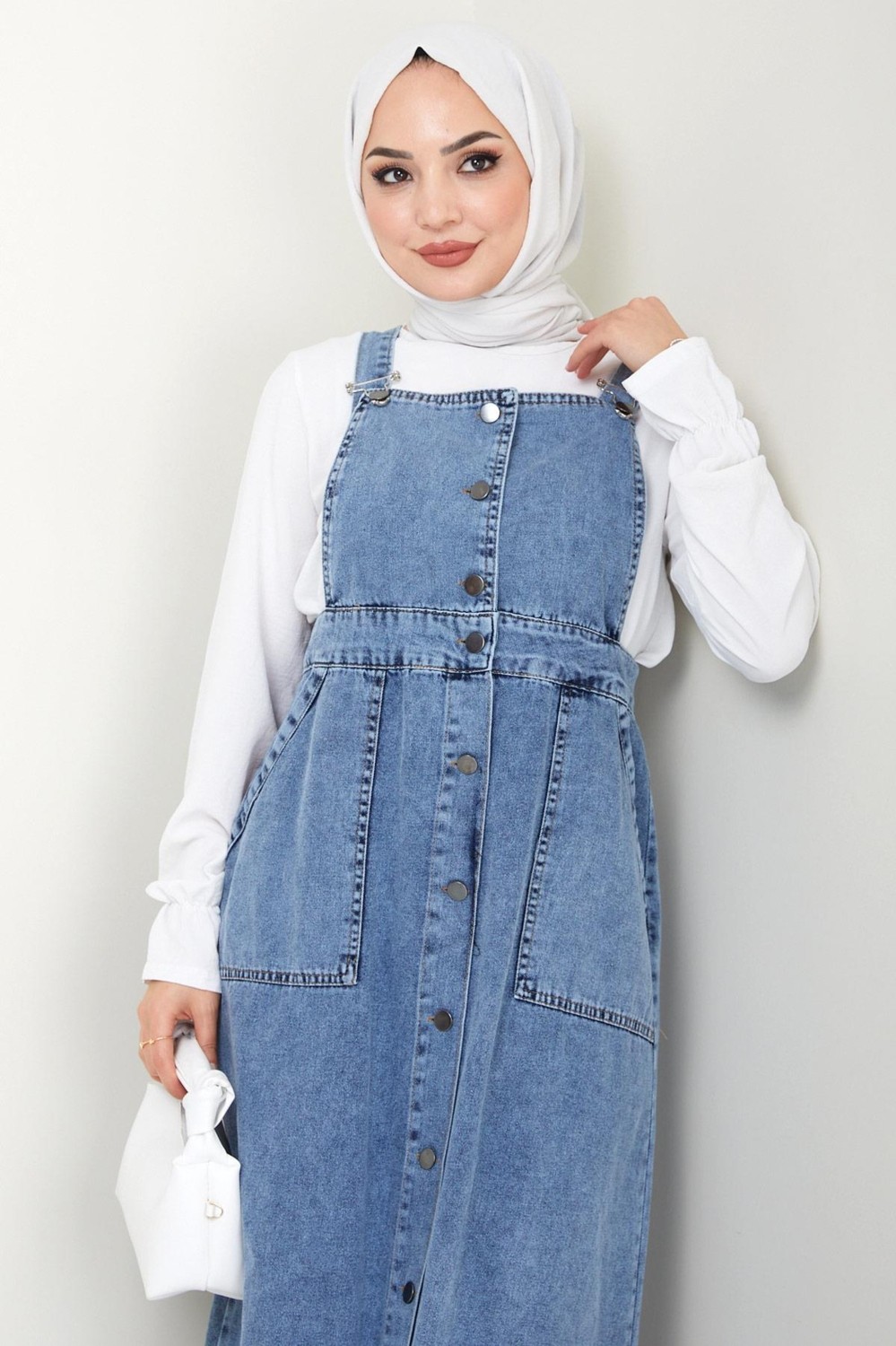 Hafsa Mina Düğmeli Kot Salopet Elbise Mavi HM22456 Likrasız Kumaşla Şık Tasarım