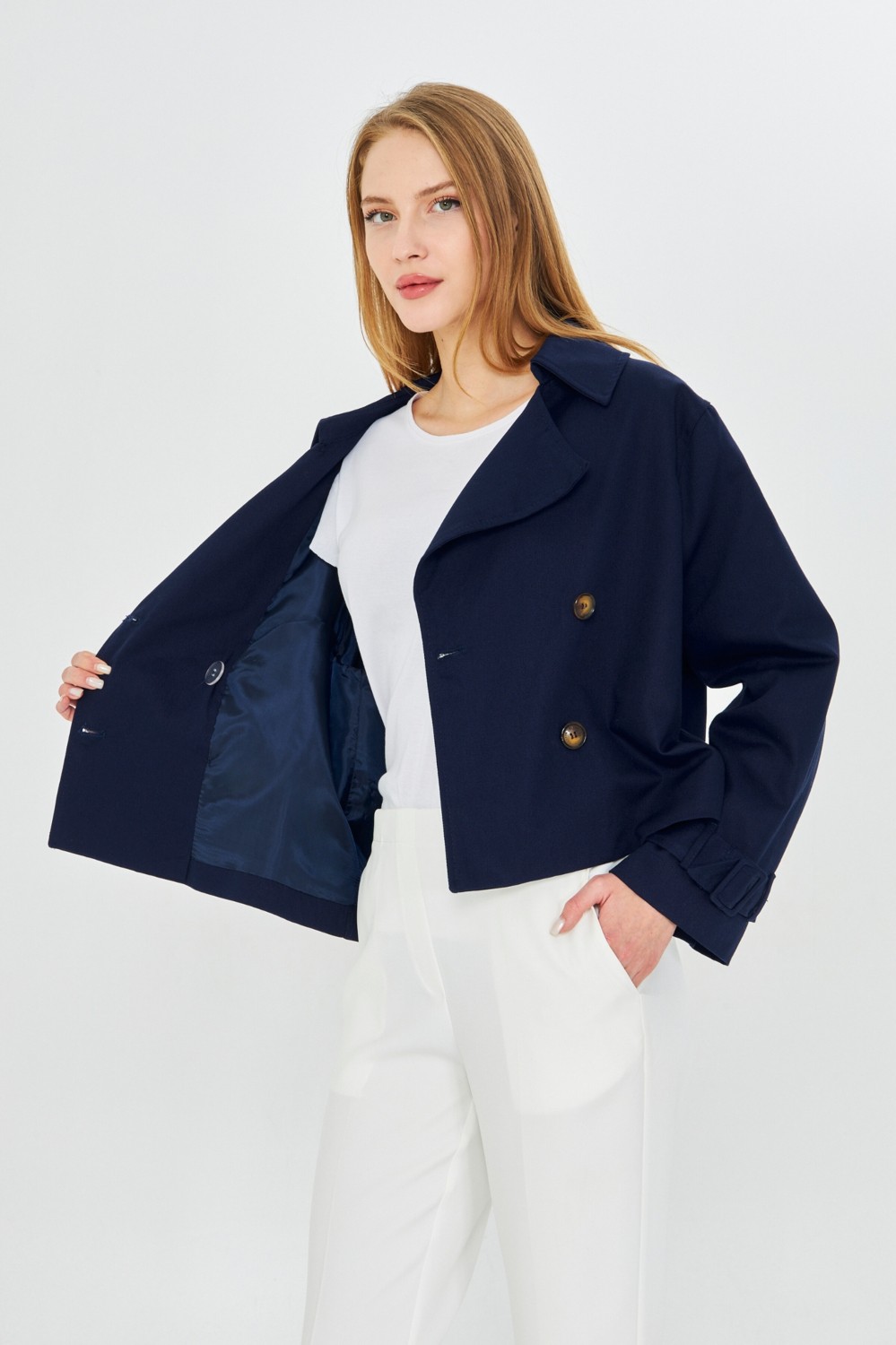 Pastelastore %100 Pamuk Gabardin Astarlı Oversize Geniş Kalıp Kadın Crop Kısa Trençkot 1122