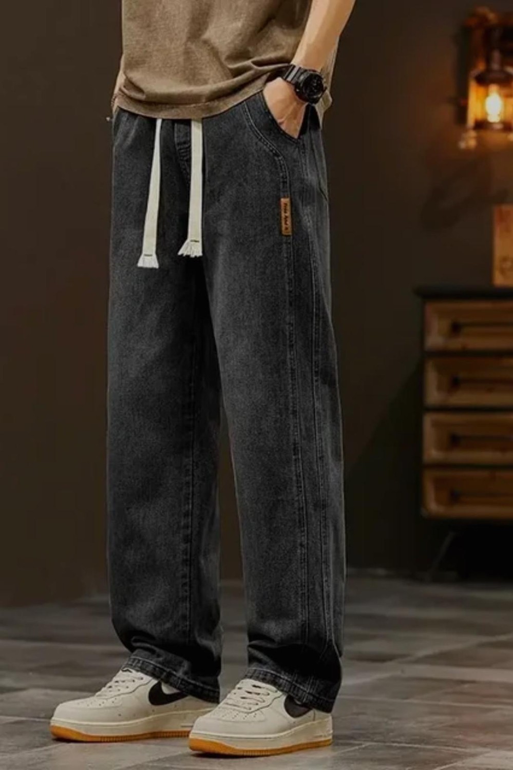 Oksit Reax Streetwear Beli Lastikli Ipli Düz Paça Rahat Kesim Erkek Jean Pantolon