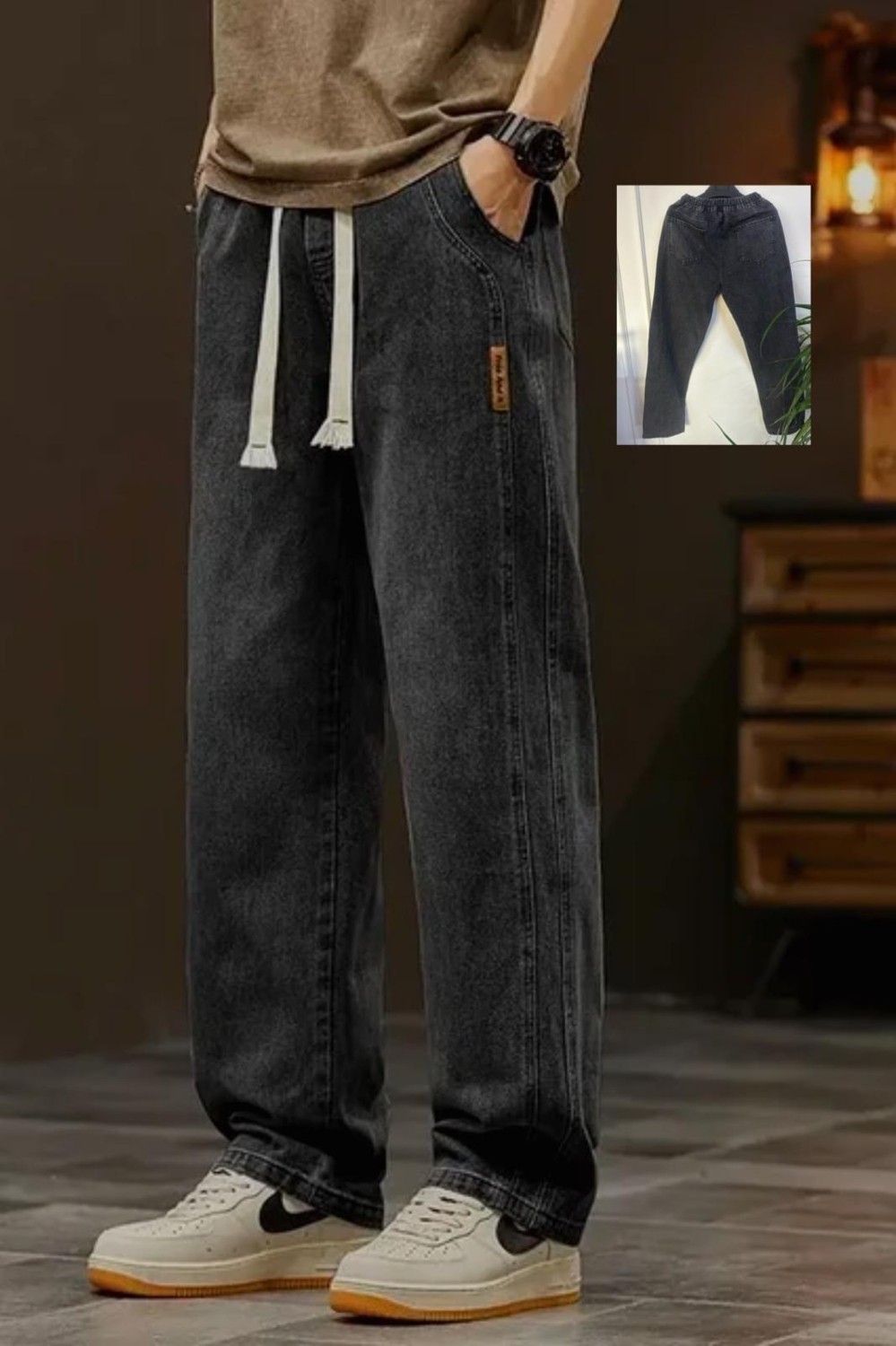 Oksit Reax Streetwear Beli Lastikli Ipli Düz Paça Rahat Kesim Erkek Jean Pantolon görsel 2
