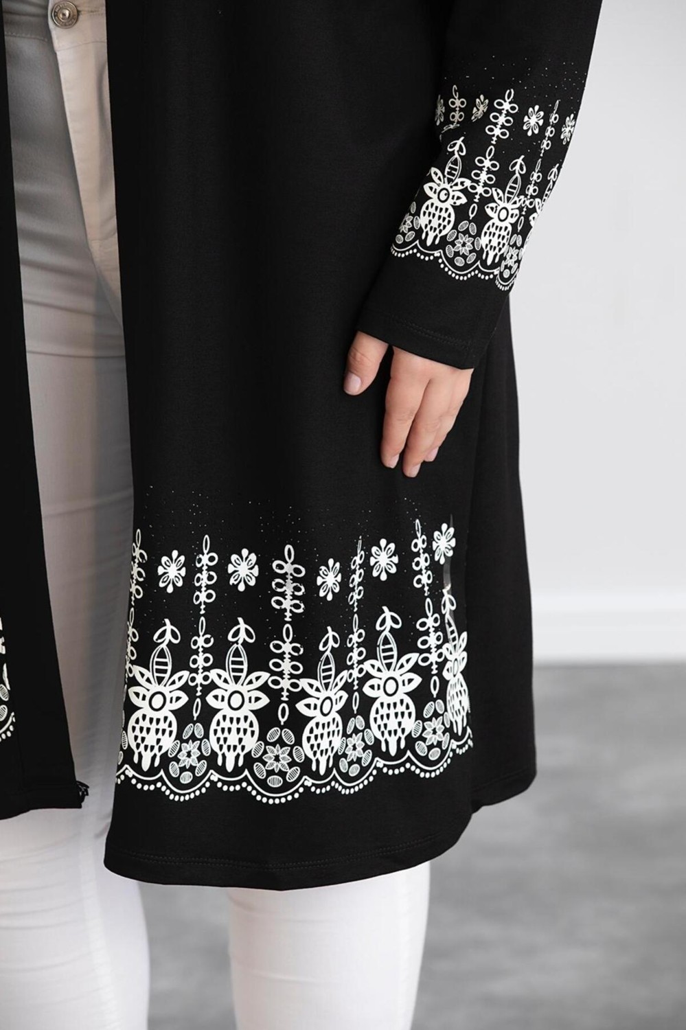 For Esra Bıg Trend Kadın Büyük Beden Kol Etek Ucu Çiçek Desen Baskı Ön Açık Esnek Uzun Viskon Hırka ( Uzunluk 100 cm görsel 2