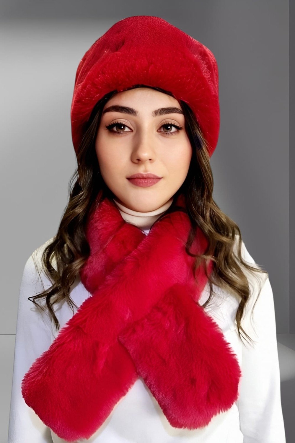Uniquetrenders Kadın Vegan Kürk Kalpak-Atkı Set görsel 5