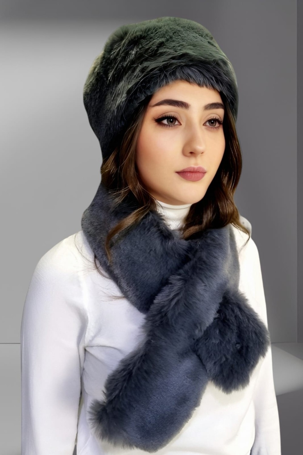Uniquetrenders Kadın Vegan Kürk Kalpak-Atkı Set görsel 7