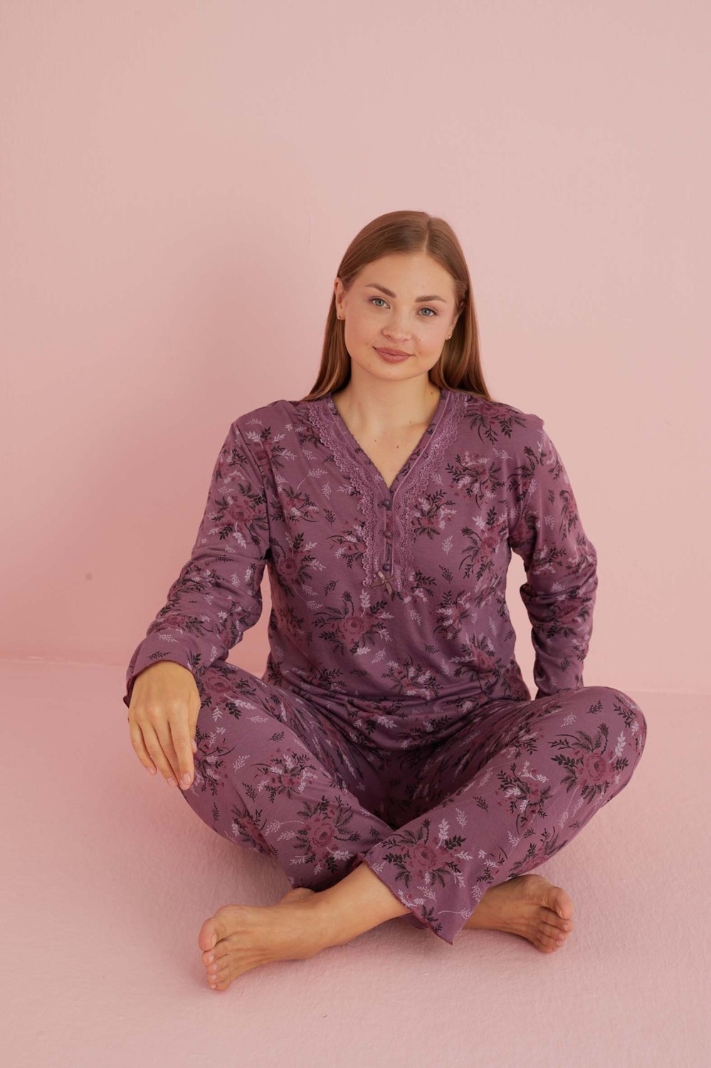 Temporium Kadın Büyük Beden Desenli Yakası Düğmeli Uzun Kollu Bambu Pijama Takımı