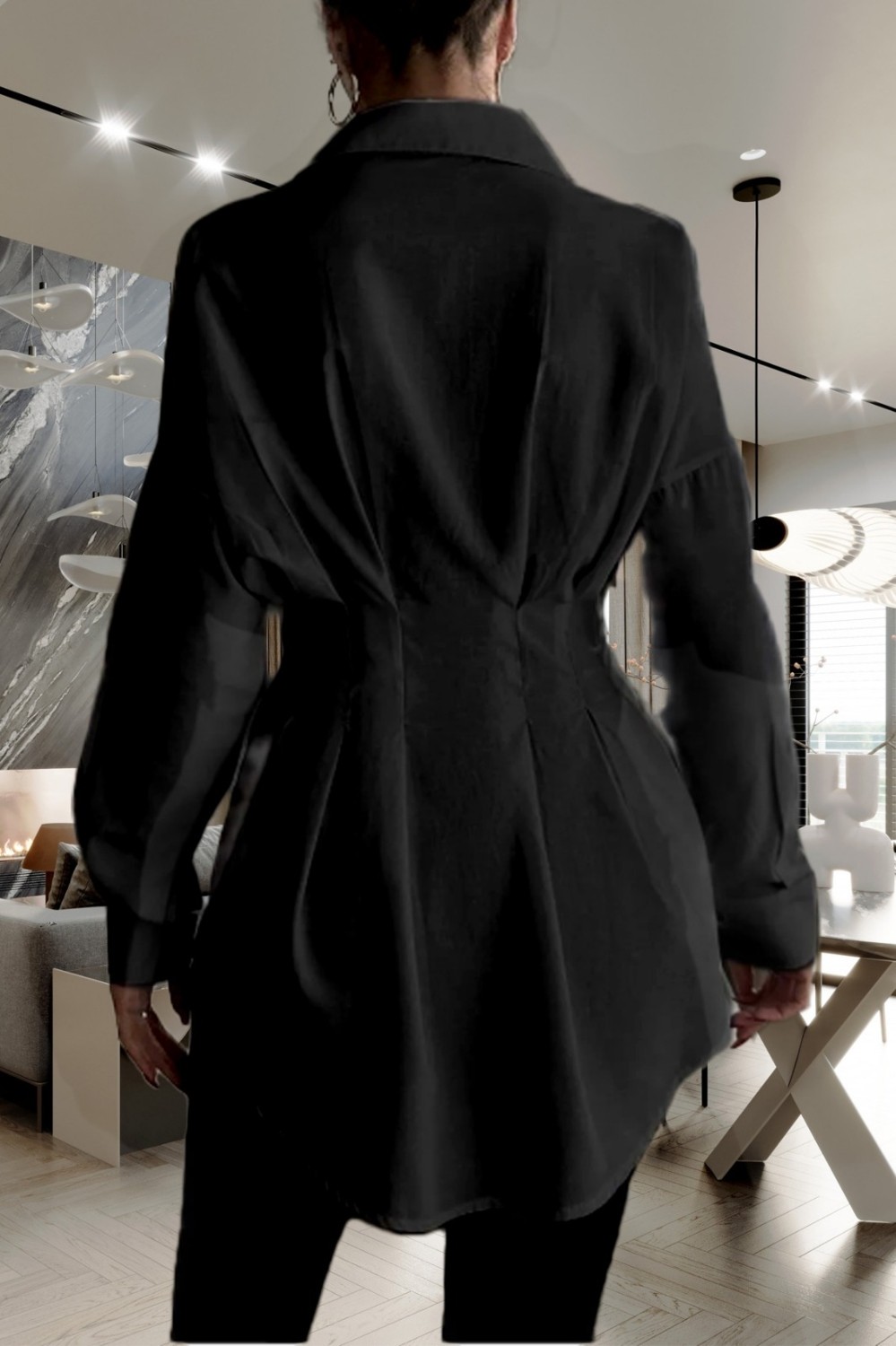 Emmas Clothing Kadın Belden Oturtmalı Pileli Tunik Siyah Gömlek