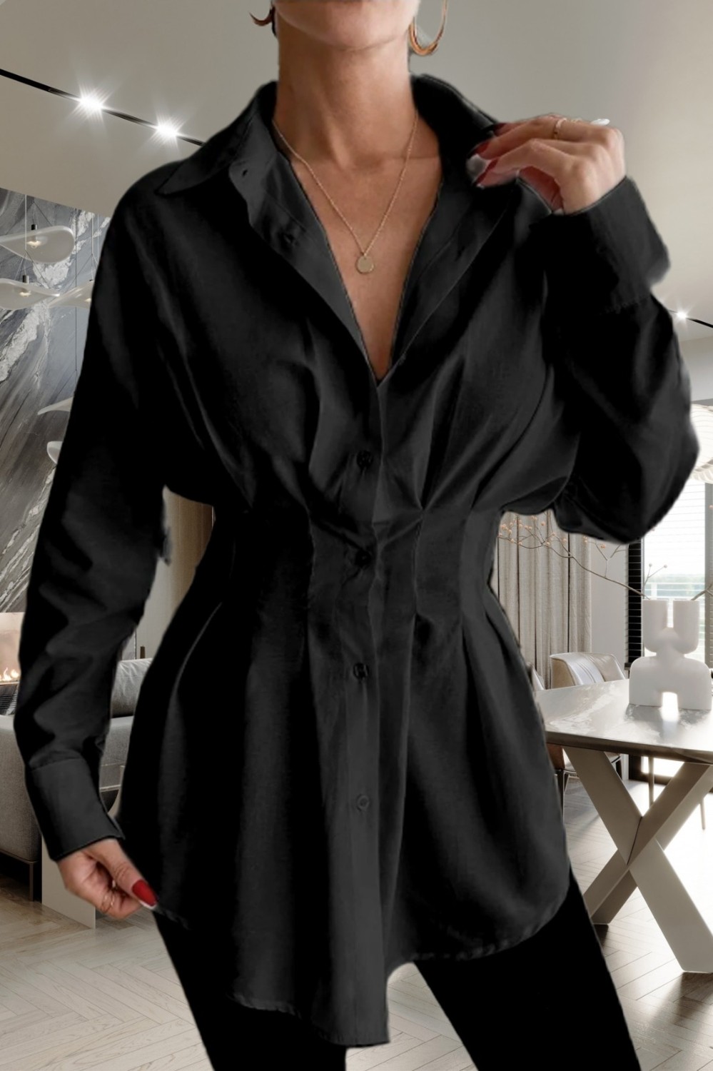 Emmas Clothing Kadın Belden Oturtmalı Pileli Tunik Siyah Gömlek görsel 2