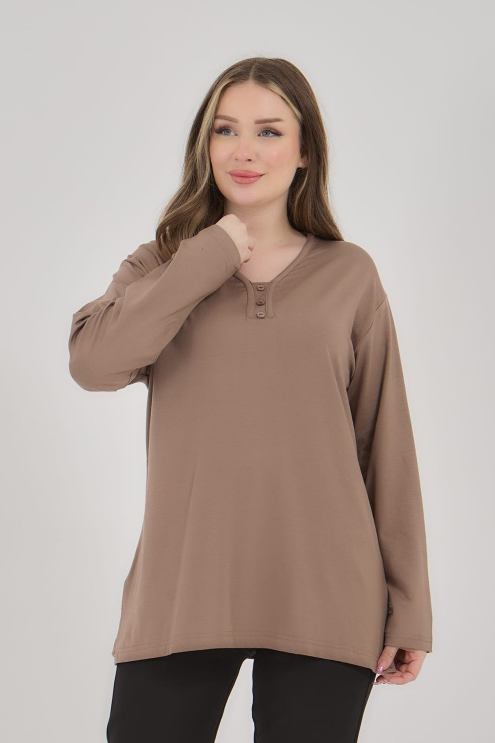 Fresh Moda Kadın V Yaka Likralı Büyük Beden Orta Yaş Anne Penye Bluz görsel 6