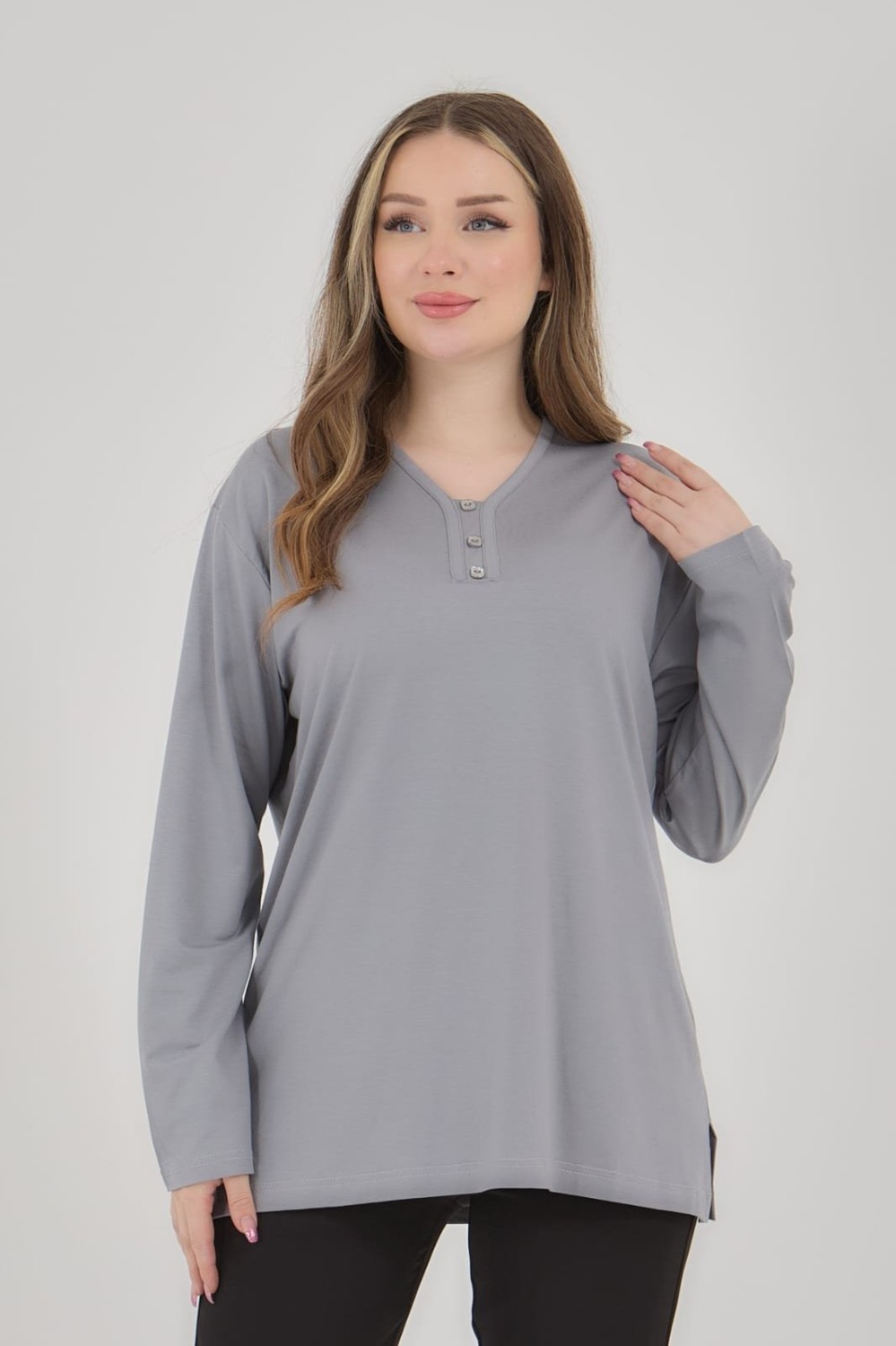 Fresh Moda Kadın V Yaka Likralı Büyük Beden Orta Yaş Anne Penye Bluz