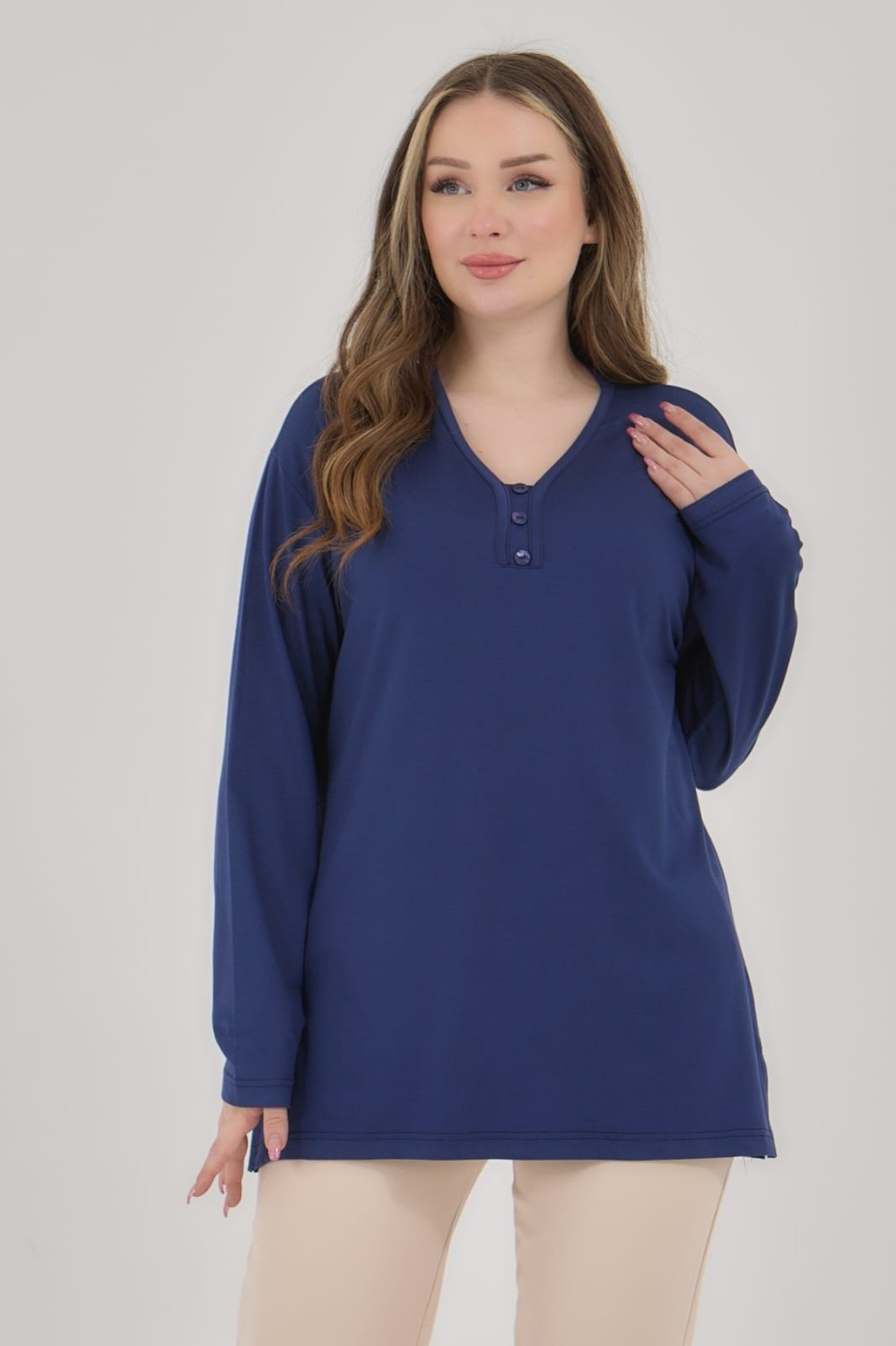 Fresh Moda Kadın V Yaka Likralı Büyük Beden Orta Yaş Anne Penye Bluz