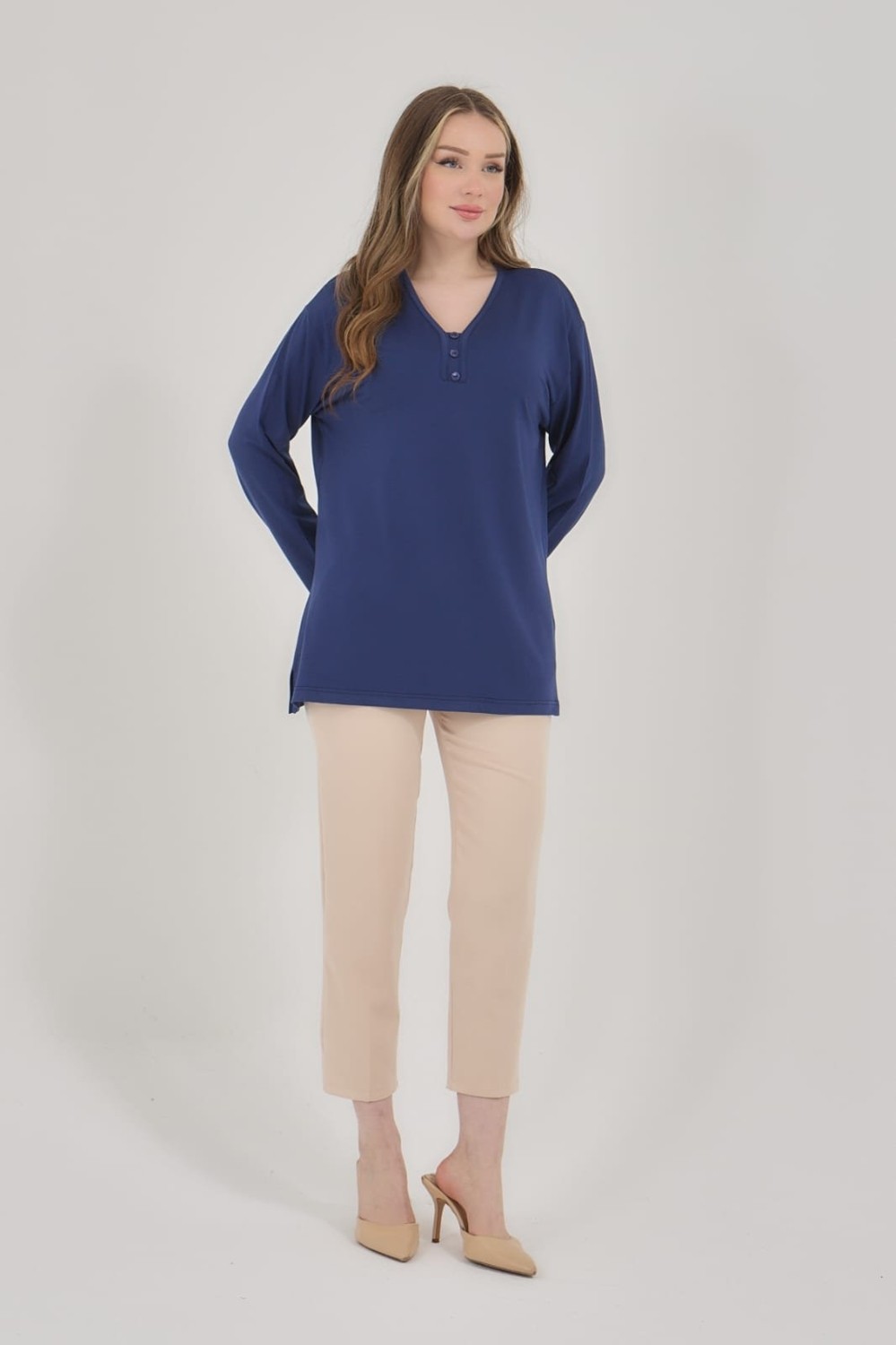 Fresh Moda Kadın V Yaka Likralı Büyük Beden Orta Yaş Anne Penye Bluz görsel 3