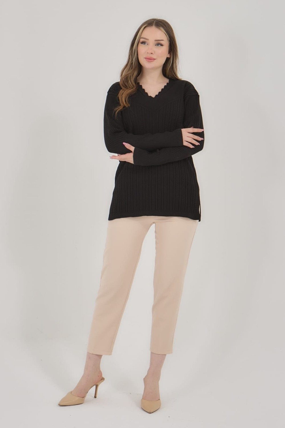 Fresh Moda Kadın Siyah Triko Esnek V Yaka Uzun Kollu Kışlık Anne Kazak görsel 2
