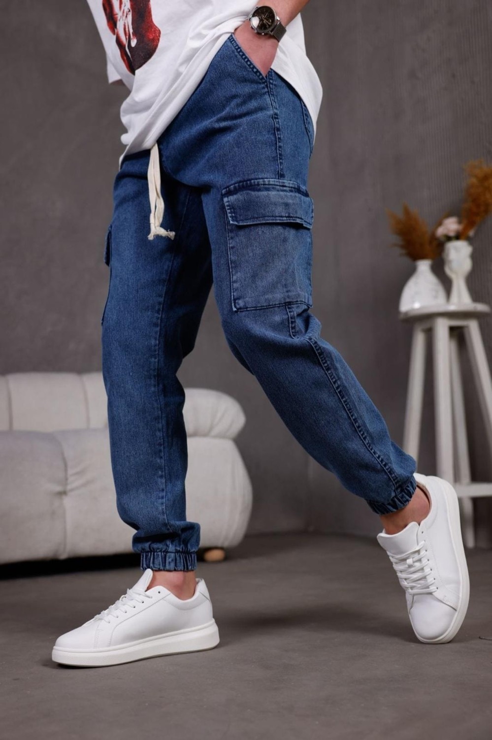 Oksit Dasser Paçası ve Beli Lastikli Slim Fit Likralı Kot Kargo Pantolon