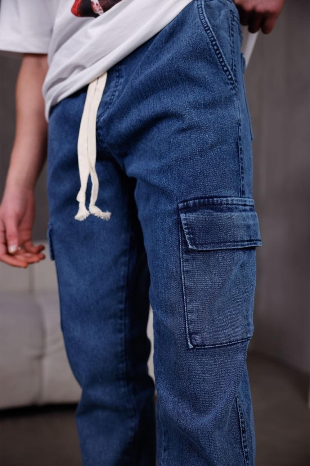 Oksit Dasser Paçası ve Beli Lastikli Slim Fit Likralı Kot Kargo Pantolon görsel 2