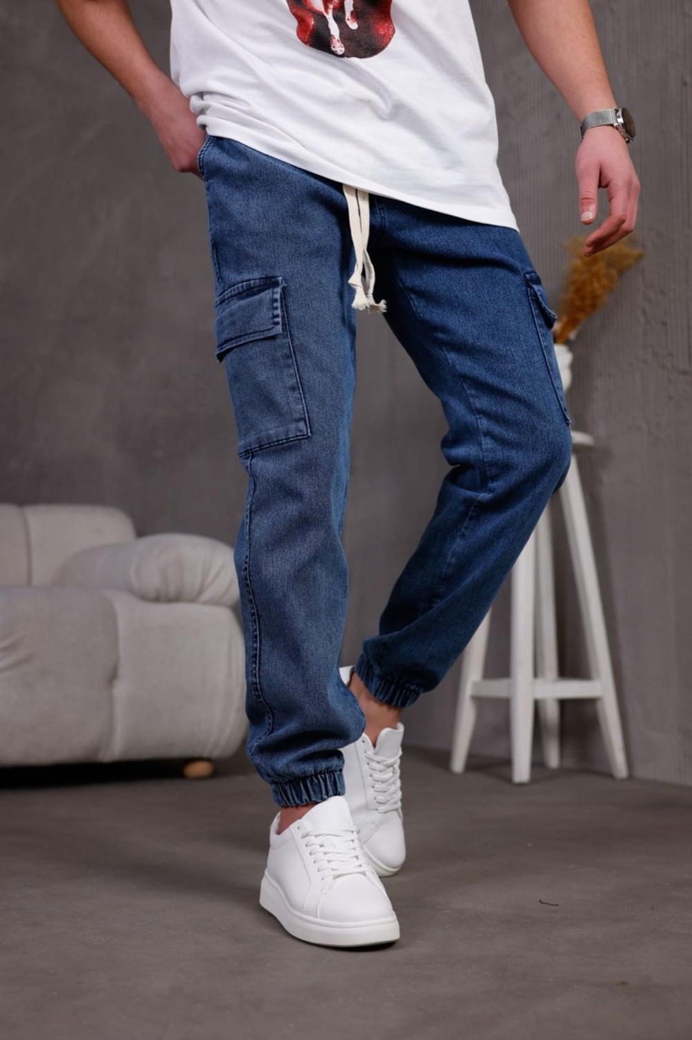 Oksit Dasser Paçası ve Beli Lastikli Slim Fit Likralı Kot Kargo Pantolon görsel 3
