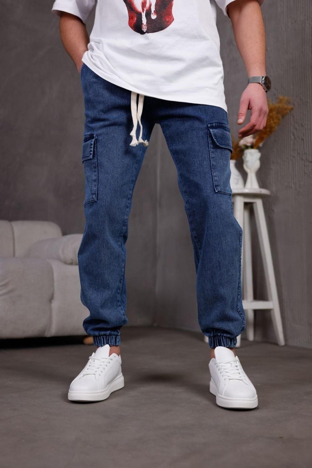 Oksit Dasser Paçası ve Beli Lastikli Slim Fit Likralı Kot Kargo Pantolon görsel 4