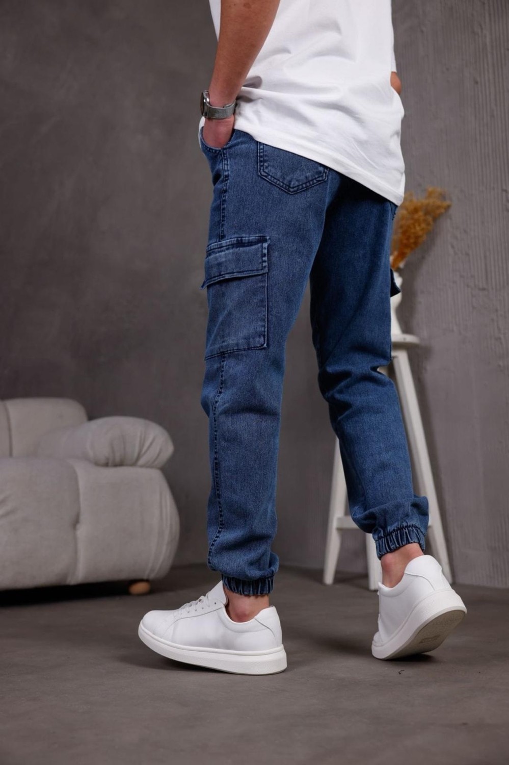 Oksit Dasser Paçası ve Beli Lastikli Slim Fit Likralı Kot Kargo Pantolon görsel 5