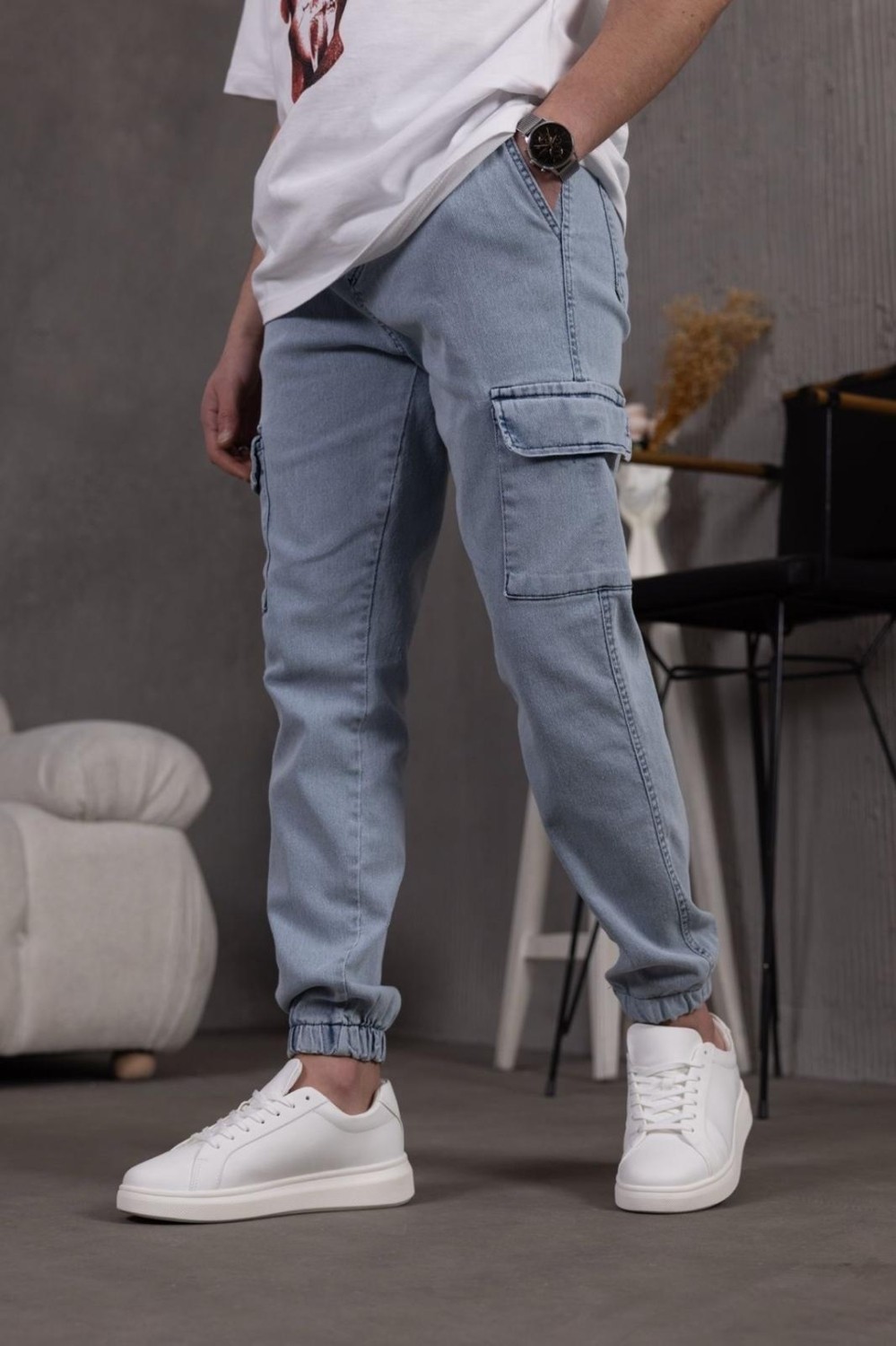 Oksit Dasser Paçası ve Beli Lastikli Slim Fit Likralı Kot Kargo Pantolon görsel 6
