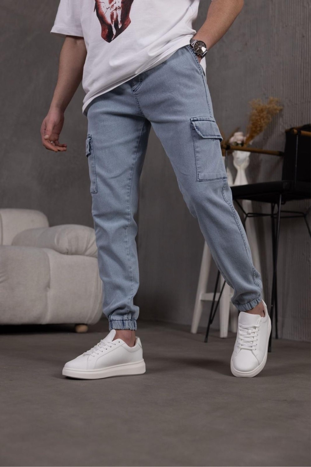 Oksit Dasser Paçası ve Beli Lastikli Slim Fit Likralı Kot Kargo Pantolon görsel 7