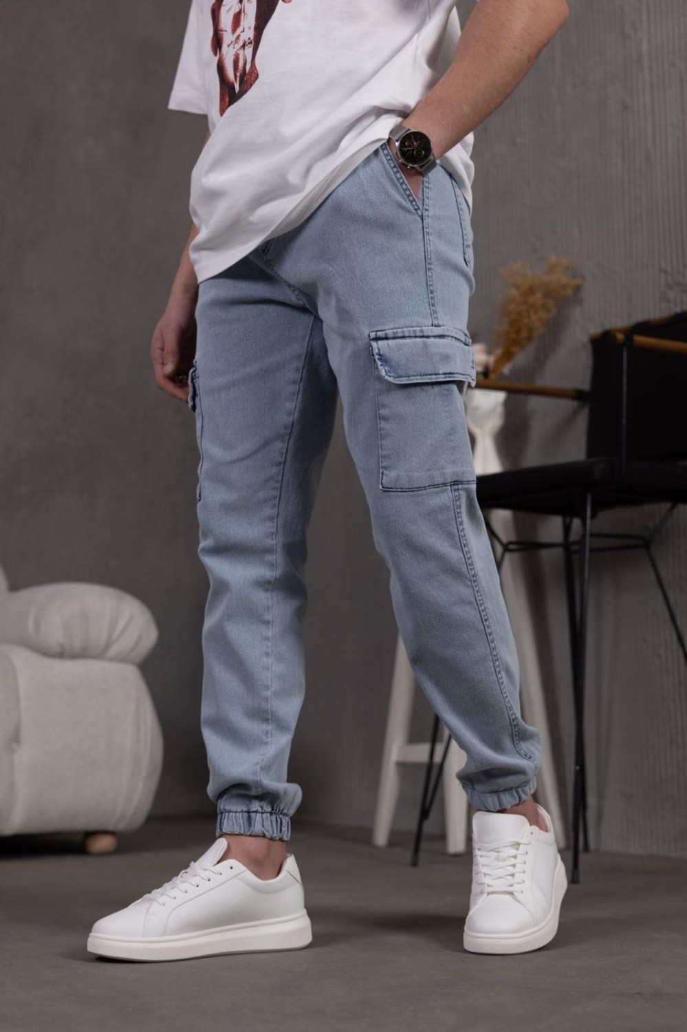 Oksit Dasser Paçası ve Beli Lastikli Slim Fit Likralı Kot Kargo Pantolon görsel 8
