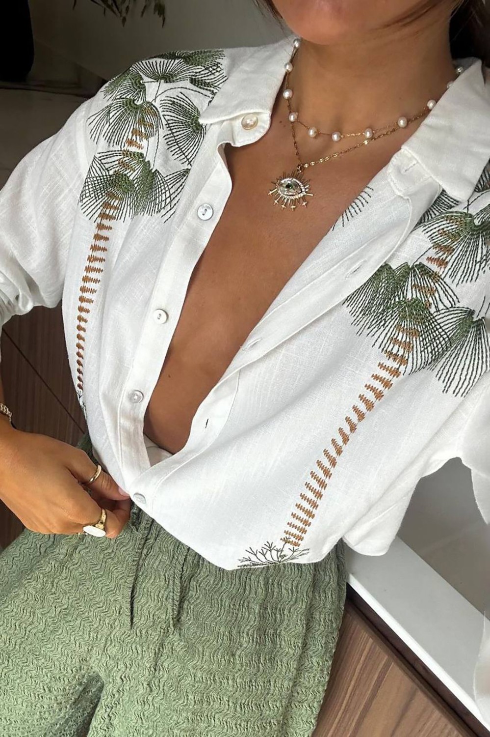 Neşeli Butik Kadın Nakış Detaylı Gömlek Pantolon Ikili Keten Takım NBEMP2514 görsel 4