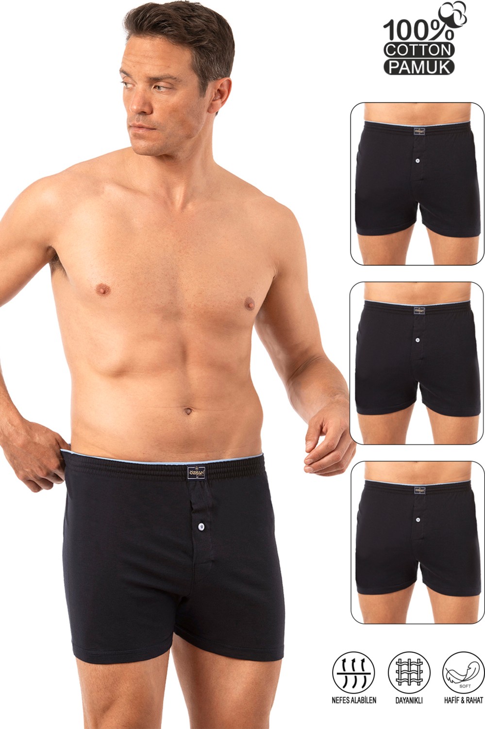 Özkan Underwear Özkan 0041 3'lü Paket Erkek Karışık Renk Şardonlu Pamuklu Düğmeli Penye Boxer