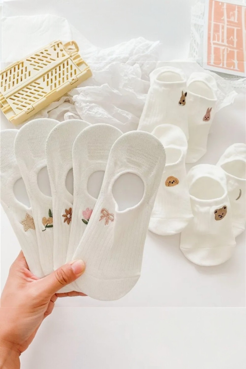 Hitit Socks Kadın 10 Çift Premium Çiçek ve Hayvan Desenli Görünmez Babet Çorap Şeker Beyazı görsel 3