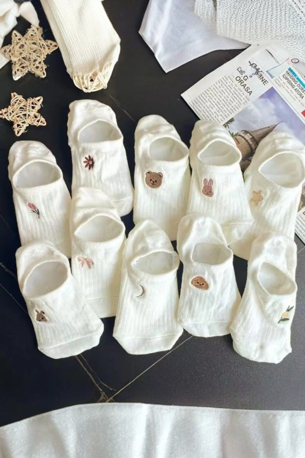 Hitit Socks Kadın 10 Çift Premium Çiçek ve Hayvan Desenli Görünmez Babet Çorap Şeker Beyazı görsel 5