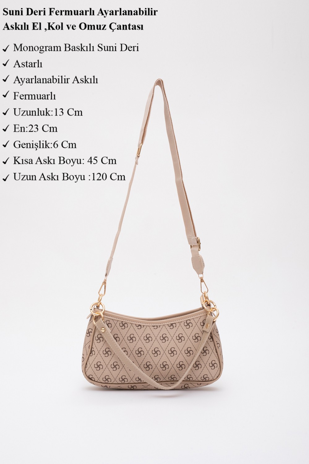 SHAKA Monogram Baskılı Vizon SHK113 Suni Deri Astarlı Fermuarlı Ayarlanabilir Askılı El, Kol ve Omuz Çantası görsel 3