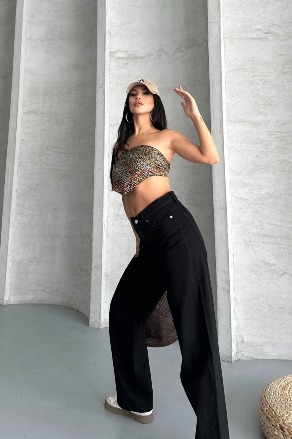 Palazzo Straight Enzim Süper Taş Yıkama Jeans Pantolon Siyah D2008 görsel 3