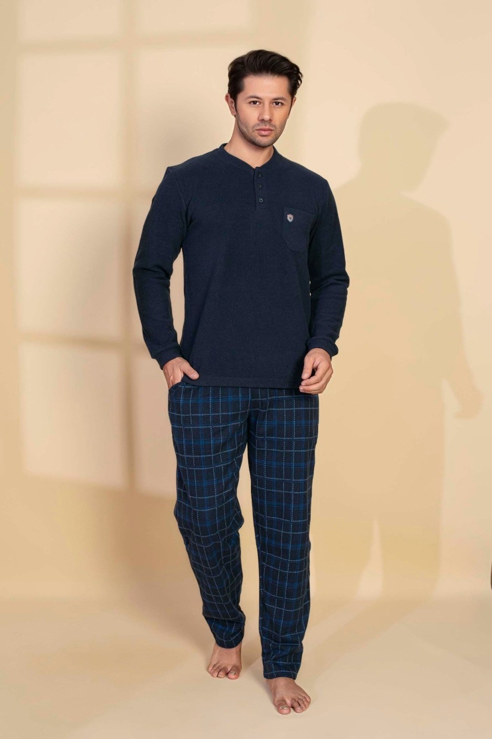 Guava Erkek 3 Düğme Uzun Kol Göğüs Cepli Selanik Kumaş Kışlık Kalın Cepli Pijama Takımı görsel 2