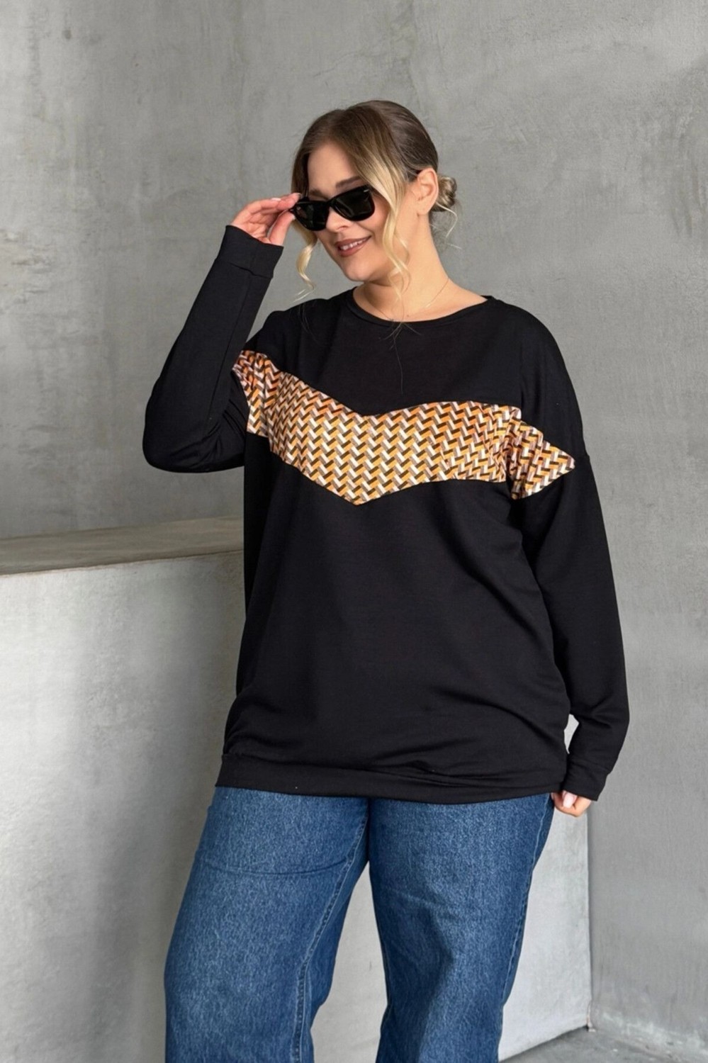 Stil Diva Büyük Beden Bisiklet Yaka Uzun Kollu Önü Baskılı Sweatshirt 300282 görsel 2