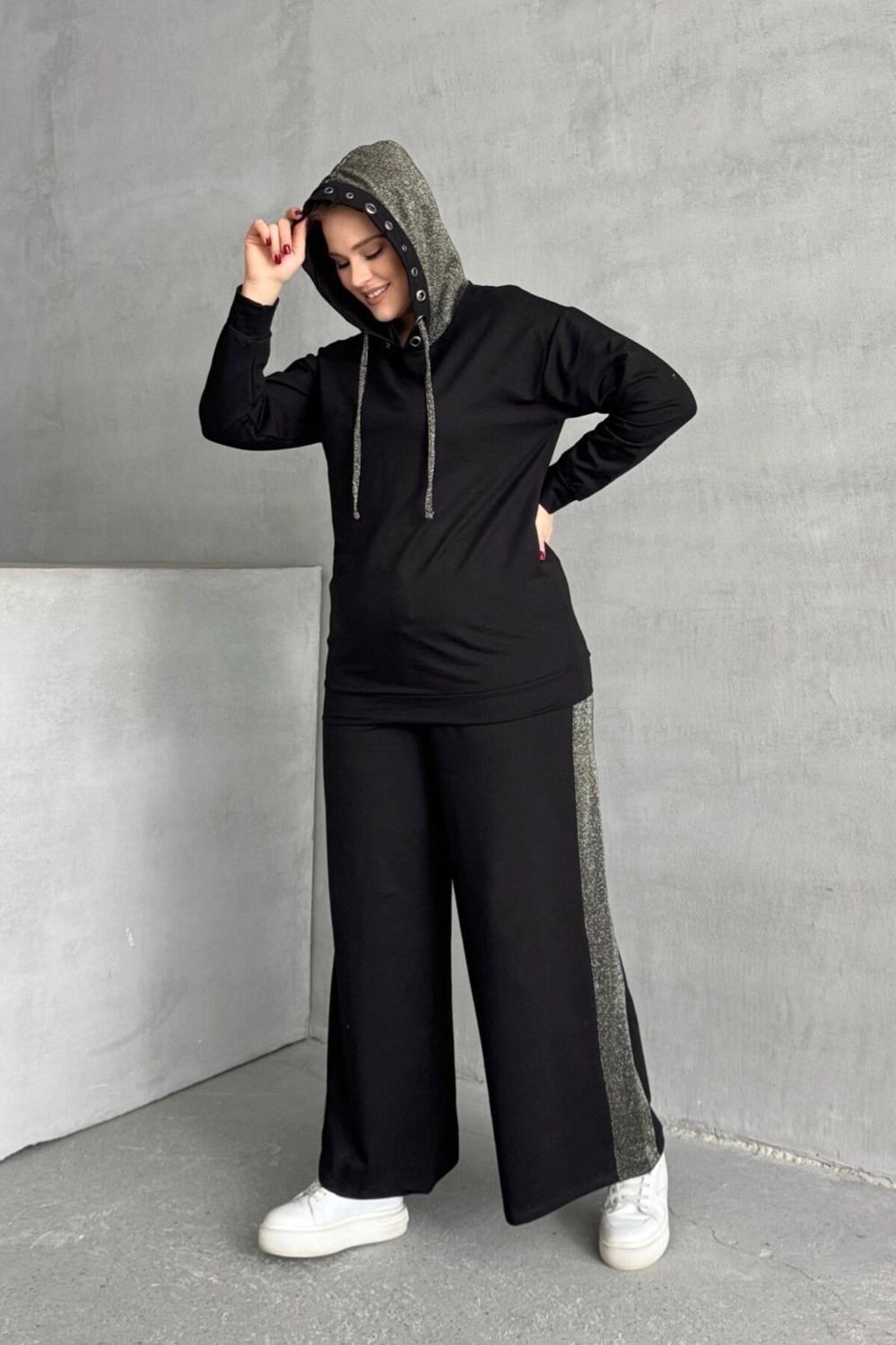 Stil Diva Büyük Beden Uzun Kollu Kapüşonu Desenli Beli Lastikli Sweatshirt 106-73 görsel 2