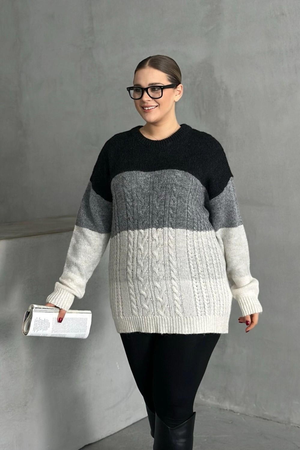 Stil Diva Büyük Beden Uzun Kollu Bisiklet Yaka Renk Bloklu Triko Kazak Dg-04 görsel 2