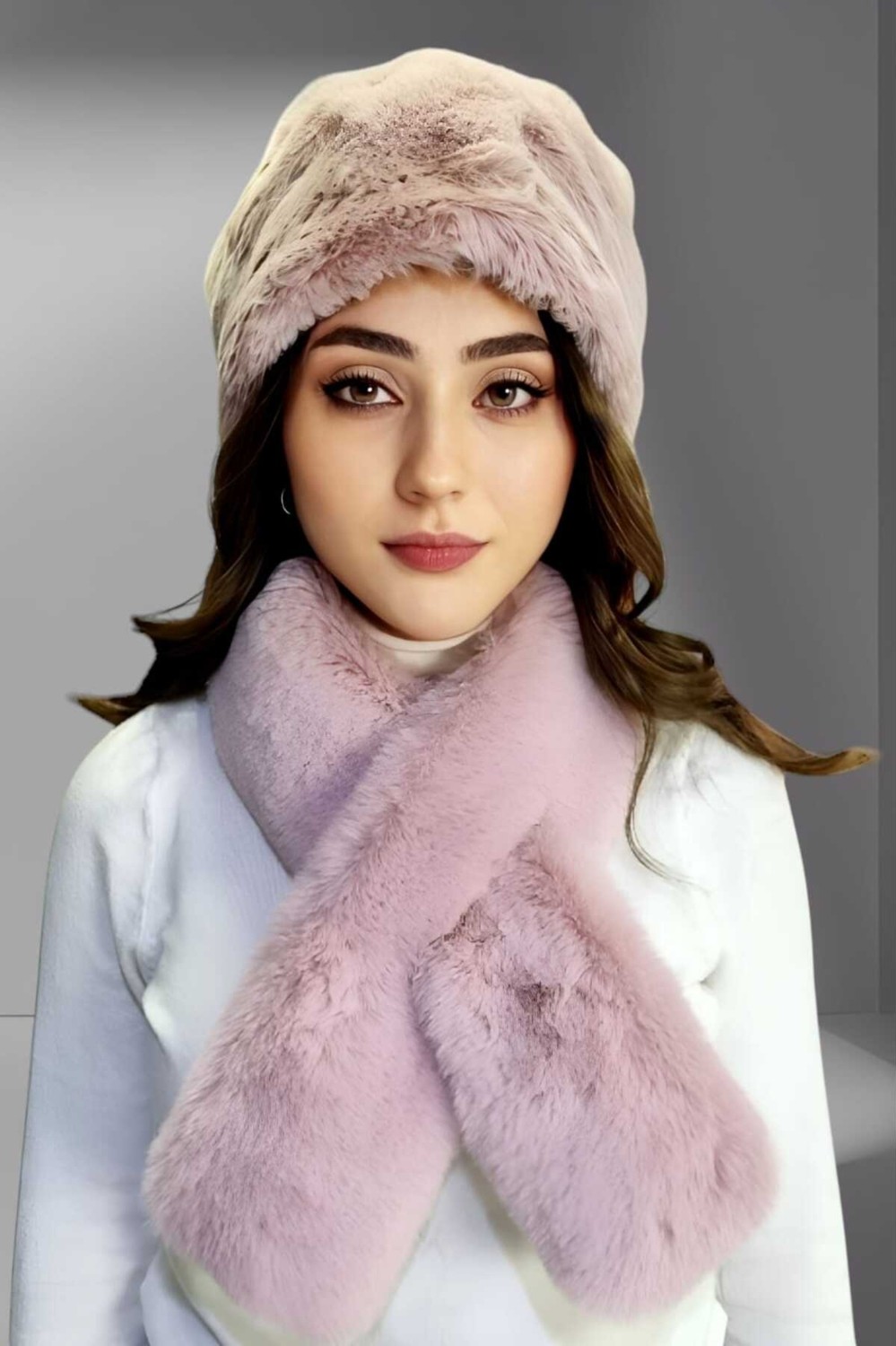 Tezzgelsin Kadın Vegan Kürk Kalpak-Atkı Set görsel 3