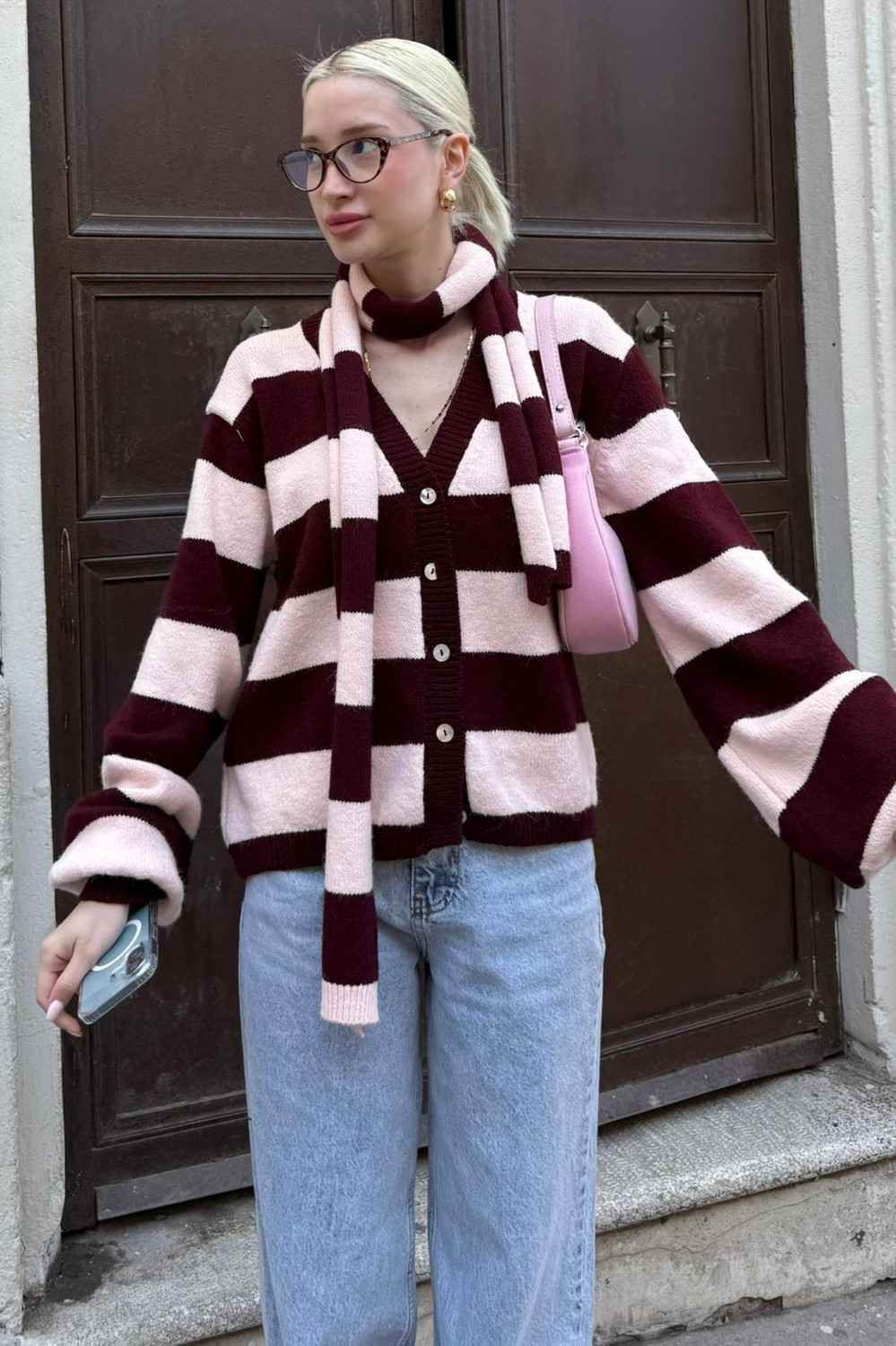 Madmext Bordo/Lacivert Çizigli Atkılı Kadın Triko Hırka MG2588 görsel 5