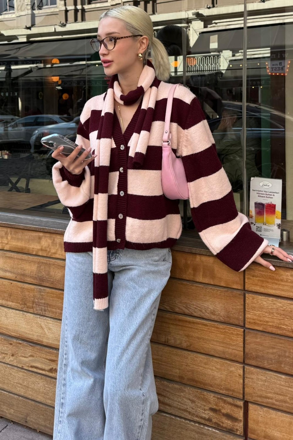 Madmext Bordo/Lacivert Çizigli Atkılı Kadın Triko Hırka MG2588 görsel 6