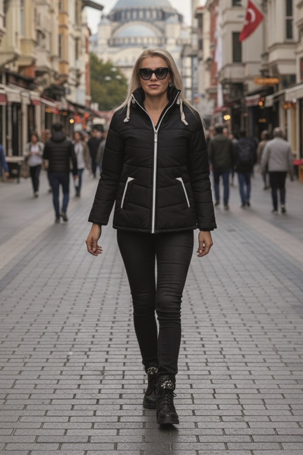 Barbora Kapüşonlu Kadın Kışlık Siyah Şişme Kısa Mont Su İtici Özellikli Günlük Kullanım İçin görsel 2