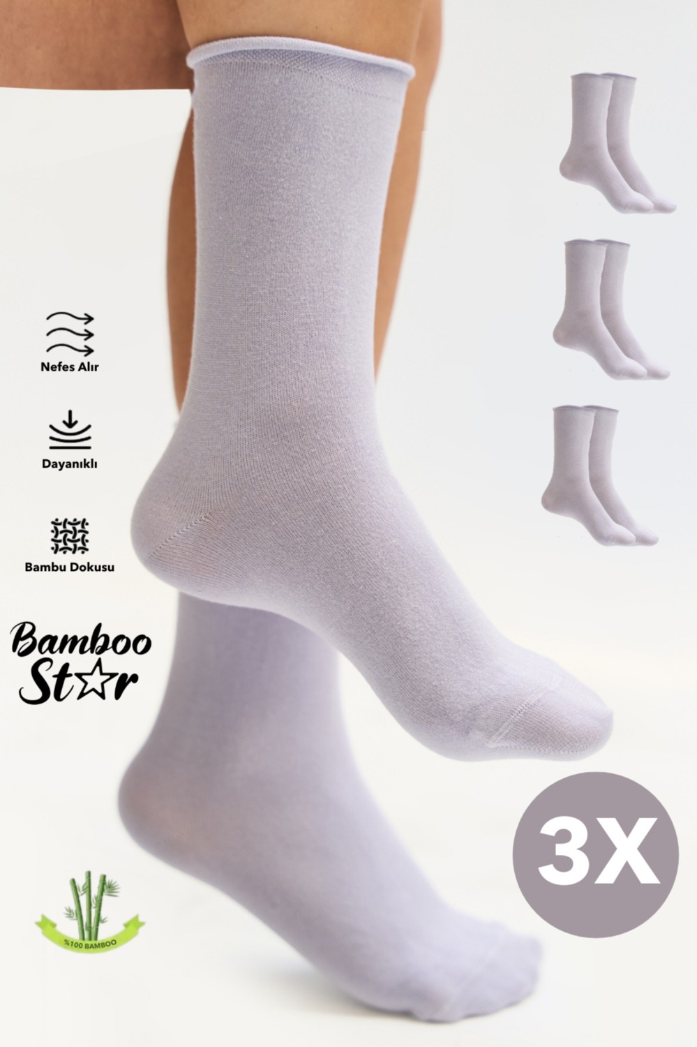 Bamboo Star Bambu Kadın Lastiksiz Beyaz Soket Dikişsiz Premium Çorap 3'lü Paket / Sıkmayan Çorap / Iz Bırakmaz