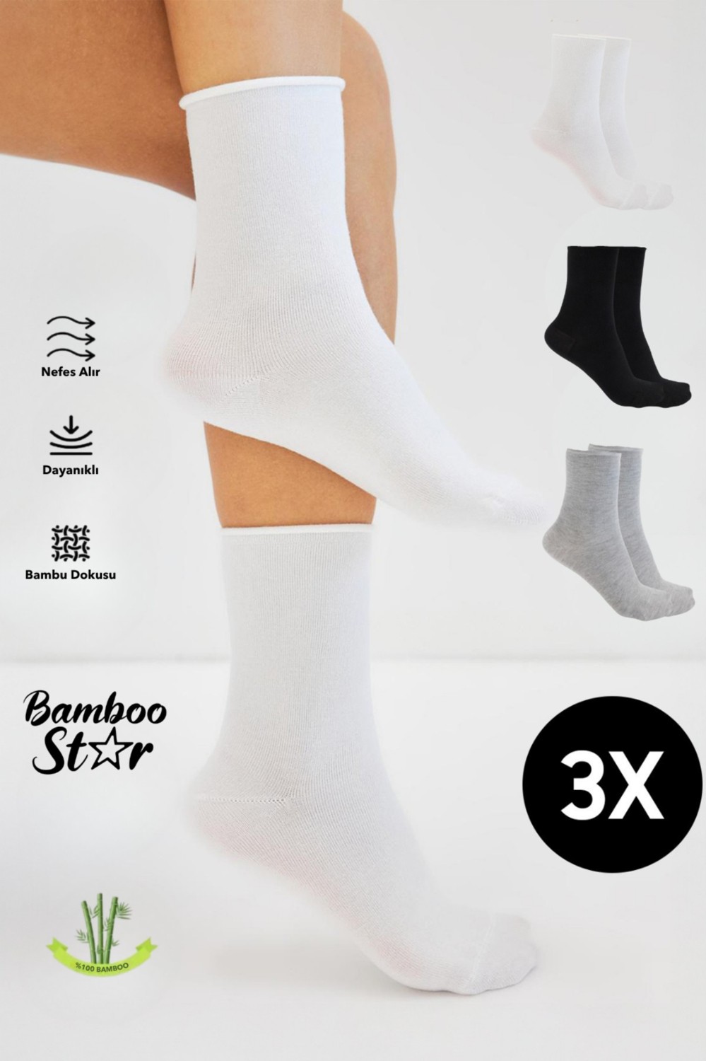 Bamboo Star Bambu Kadın Lastiksiz Beyaz Soket Dikişsiz Premium Çorap 3'lü Paket / Sıkmayan Çorap / Iz Bırakmaz