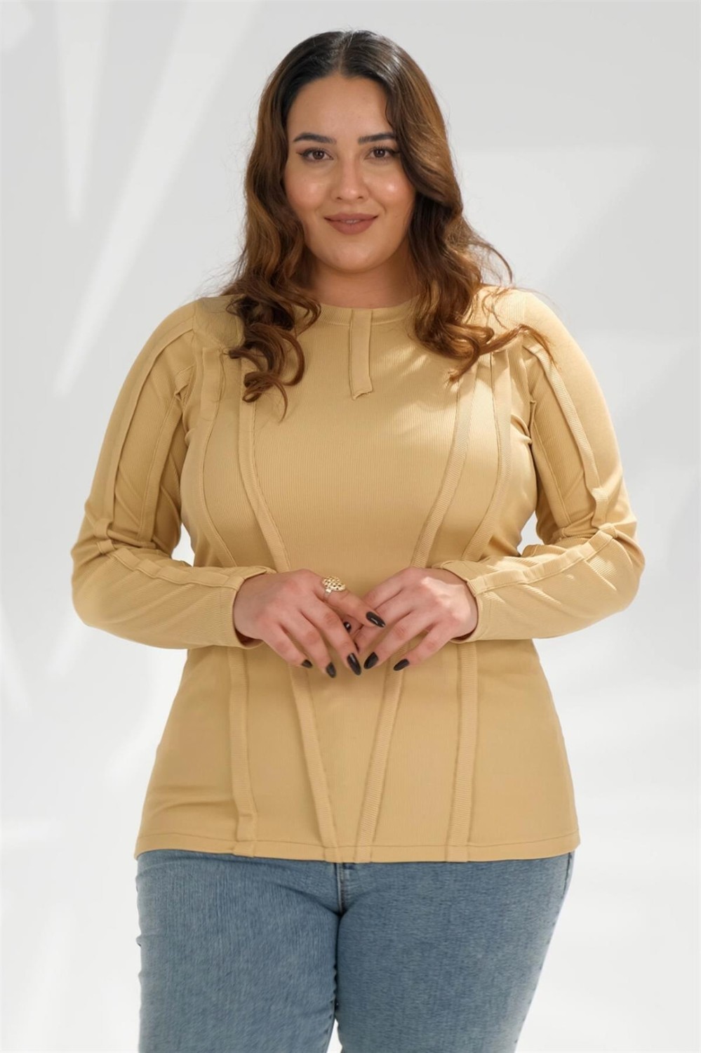 Roxxlen 333051 Kadın Büyük Beden Sarı Ribana Şeritli Sweat